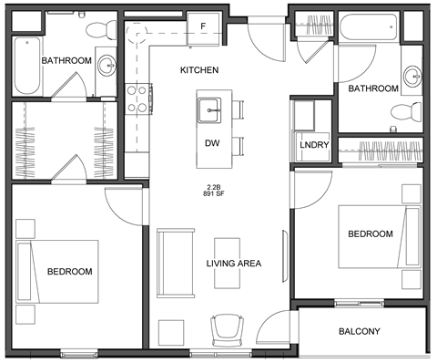 Floor plan for 2 beds, 2 baths, 891 sqft
